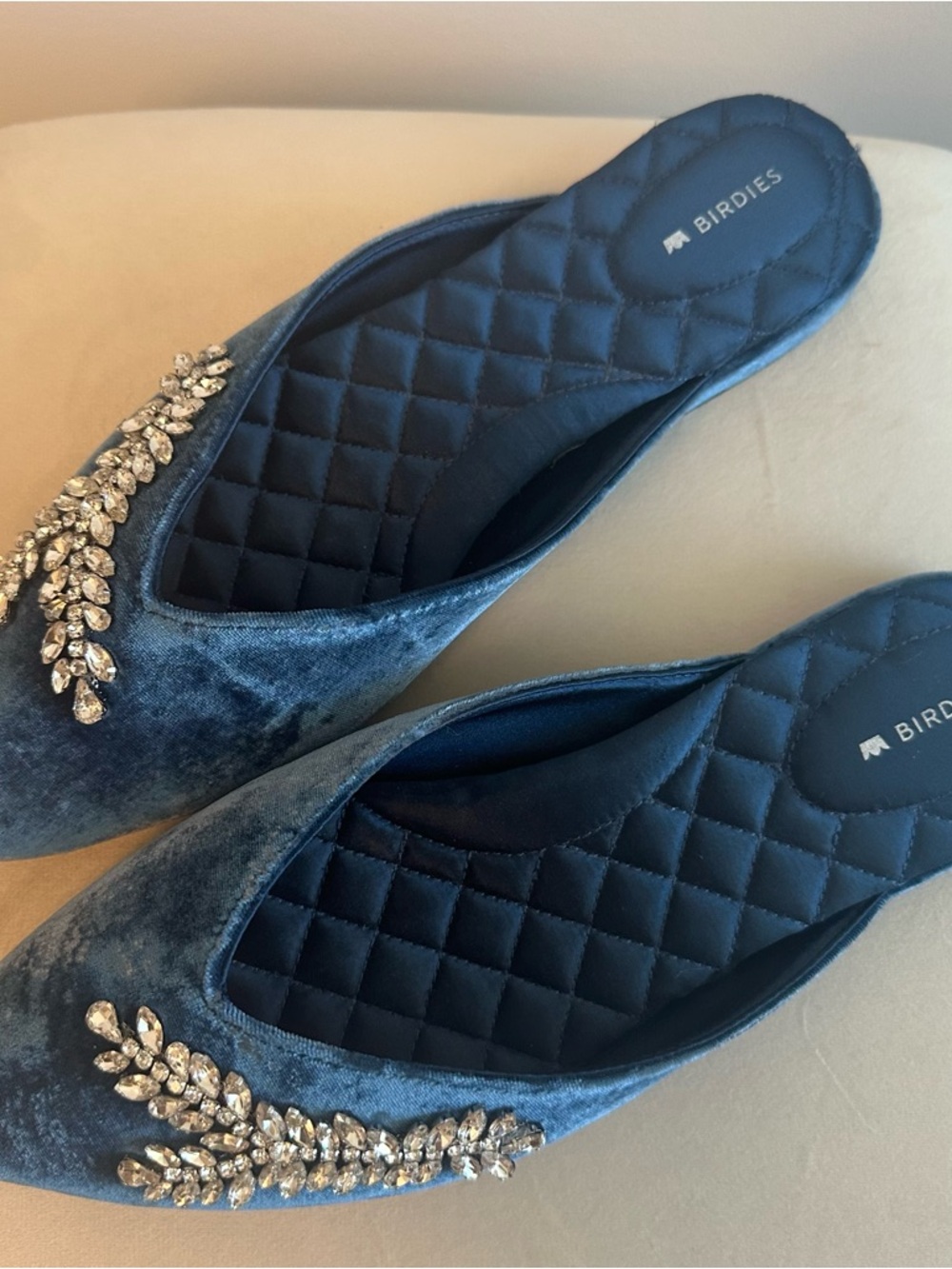 Birdies The Swan Mule Blue Velvet Pointed-Toe Mules with Crystal Embellishment - Picture 6 of 8